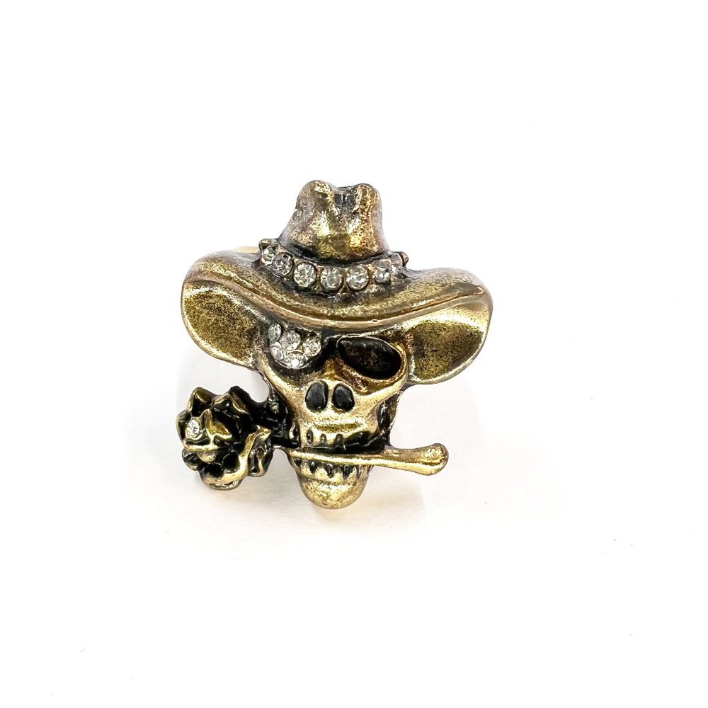 NWT – Charming Charlie – Skull with Rose & Cowboy Hat Gold Tone Stretch Ring
